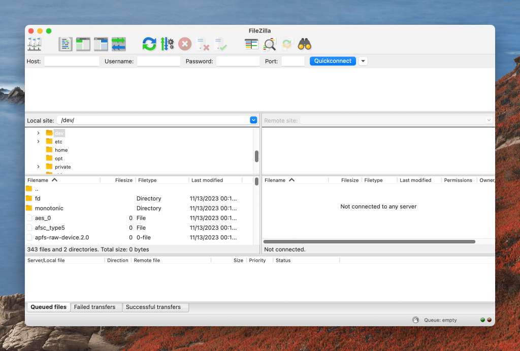 FileZilla interface on Mac