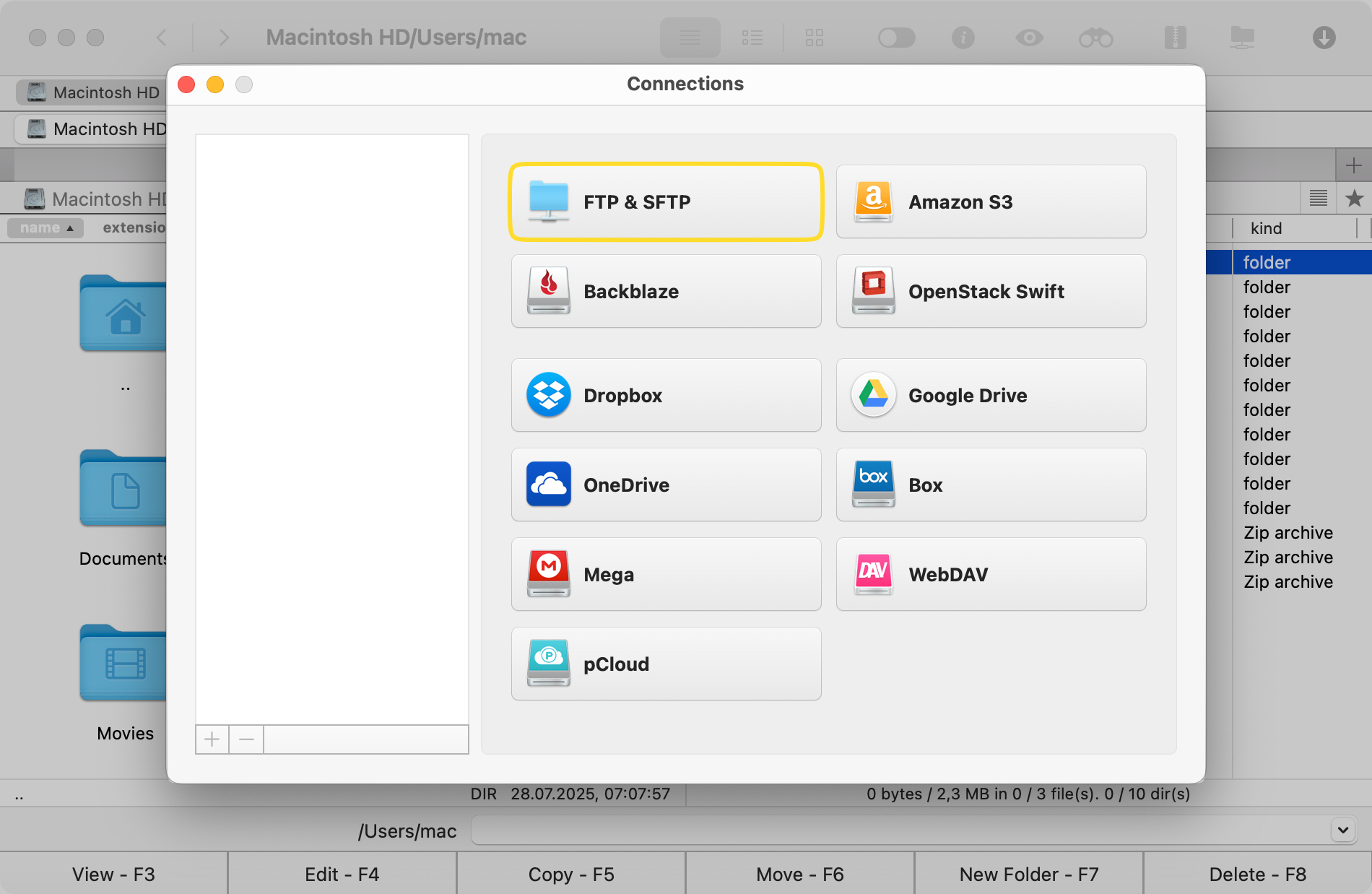 Commander One - Conexiones - Se hace hincapié en el FTP