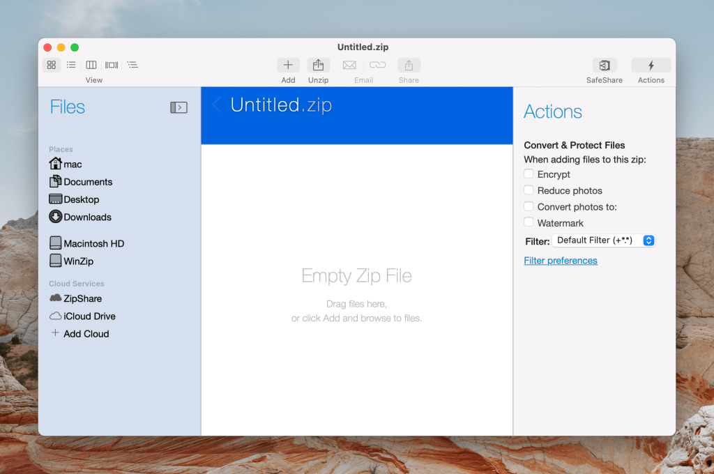 The WinZip archive software is opened
