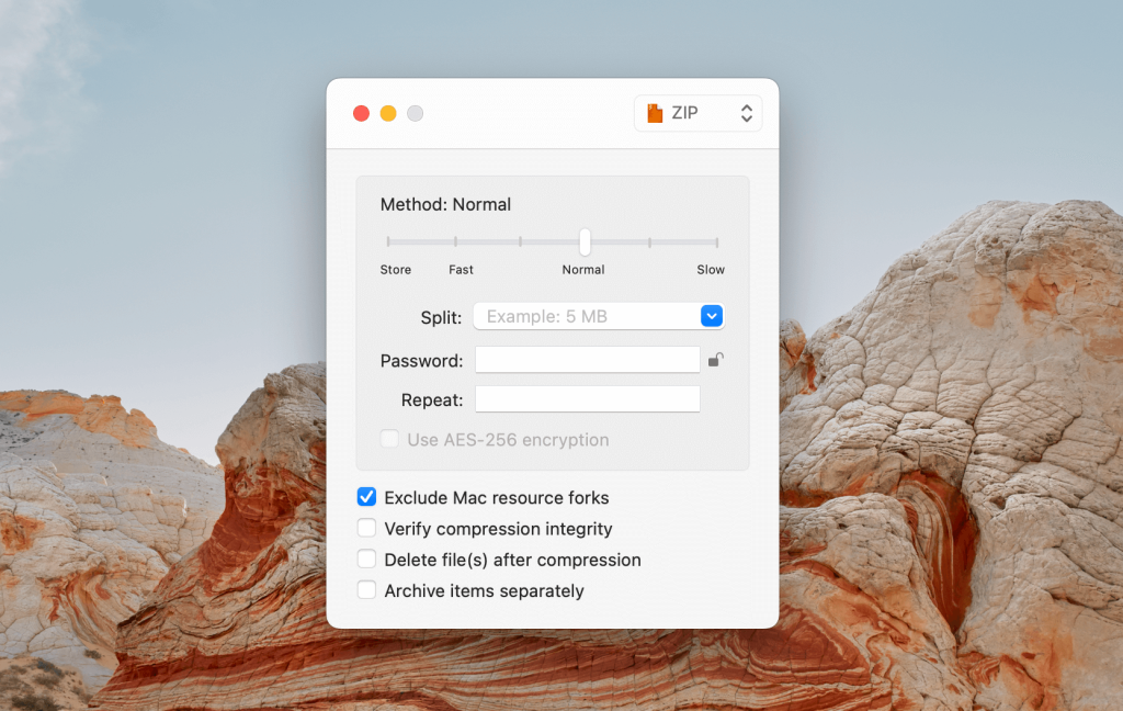 The Keka app's pop-up archive settings menu is demonstrated
