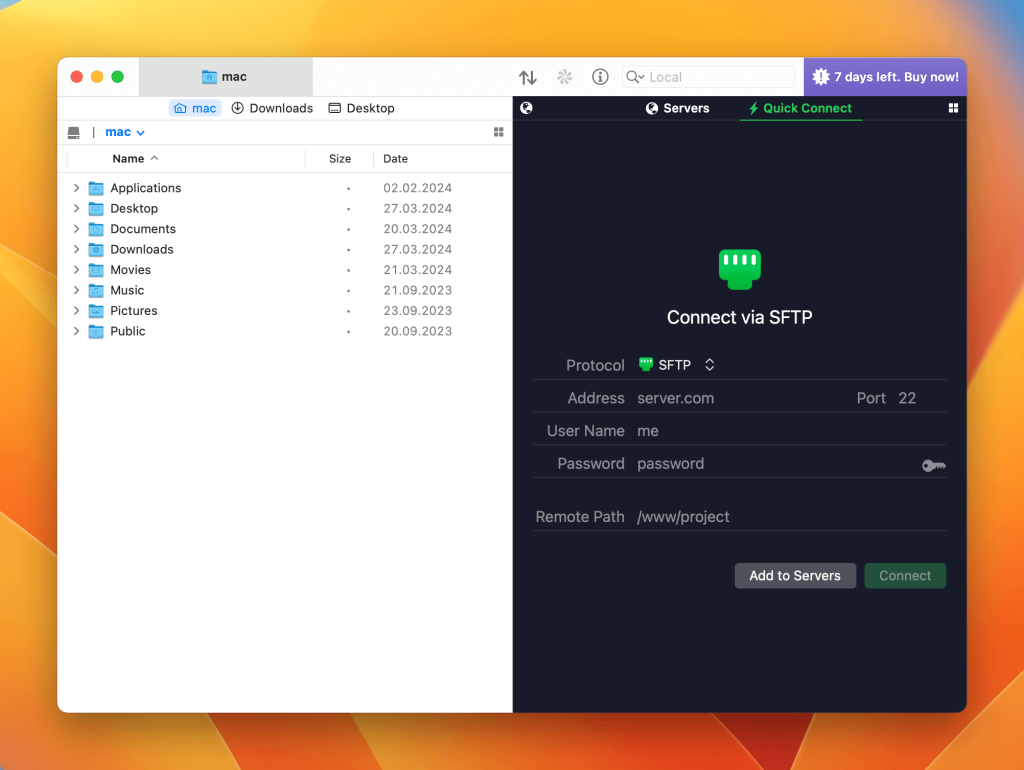 A janela do aplicativo Transmit é demonstrada