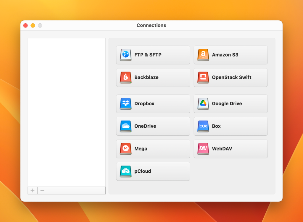 A janela de Conexões do aplicativo Cloudmounter é aberta