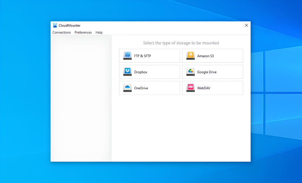 El menú de Conexiones del software Cloudmounter está abierto