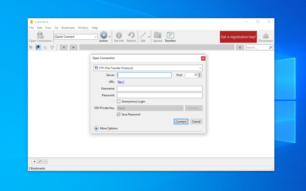 Se muestra la ventana emergente de Conexión abierta en la aplicación Cyberduck