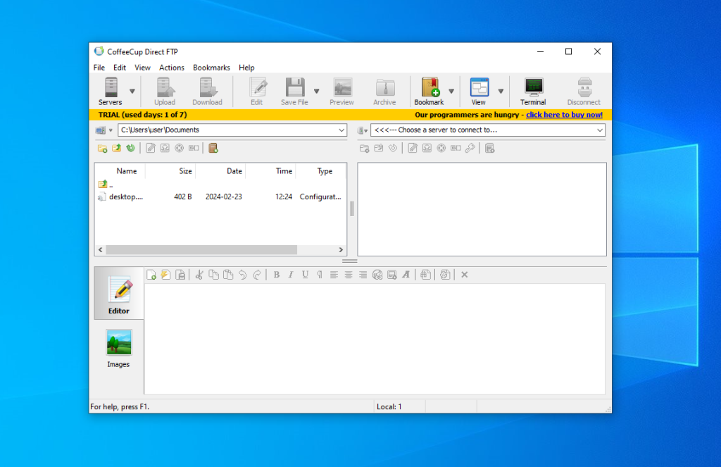 La ventana del software CoffeeCup Direct FTP se muestra