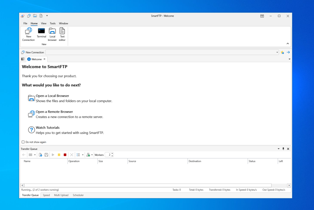 La ventana de bienvenida de la aplicación SmartFTP se muestra