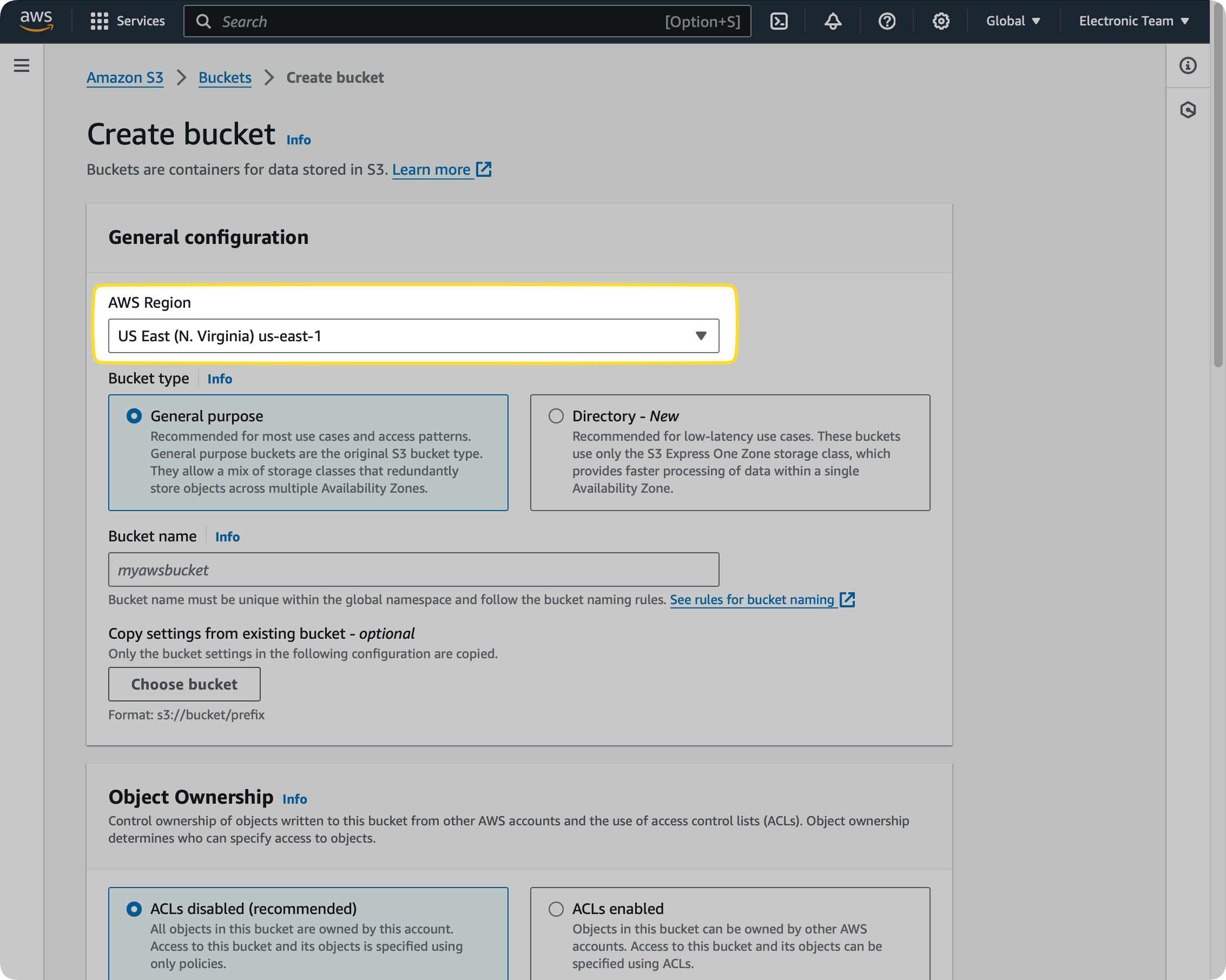 AWS Region field in the General configuration Menu of creating S3 bucket is selected