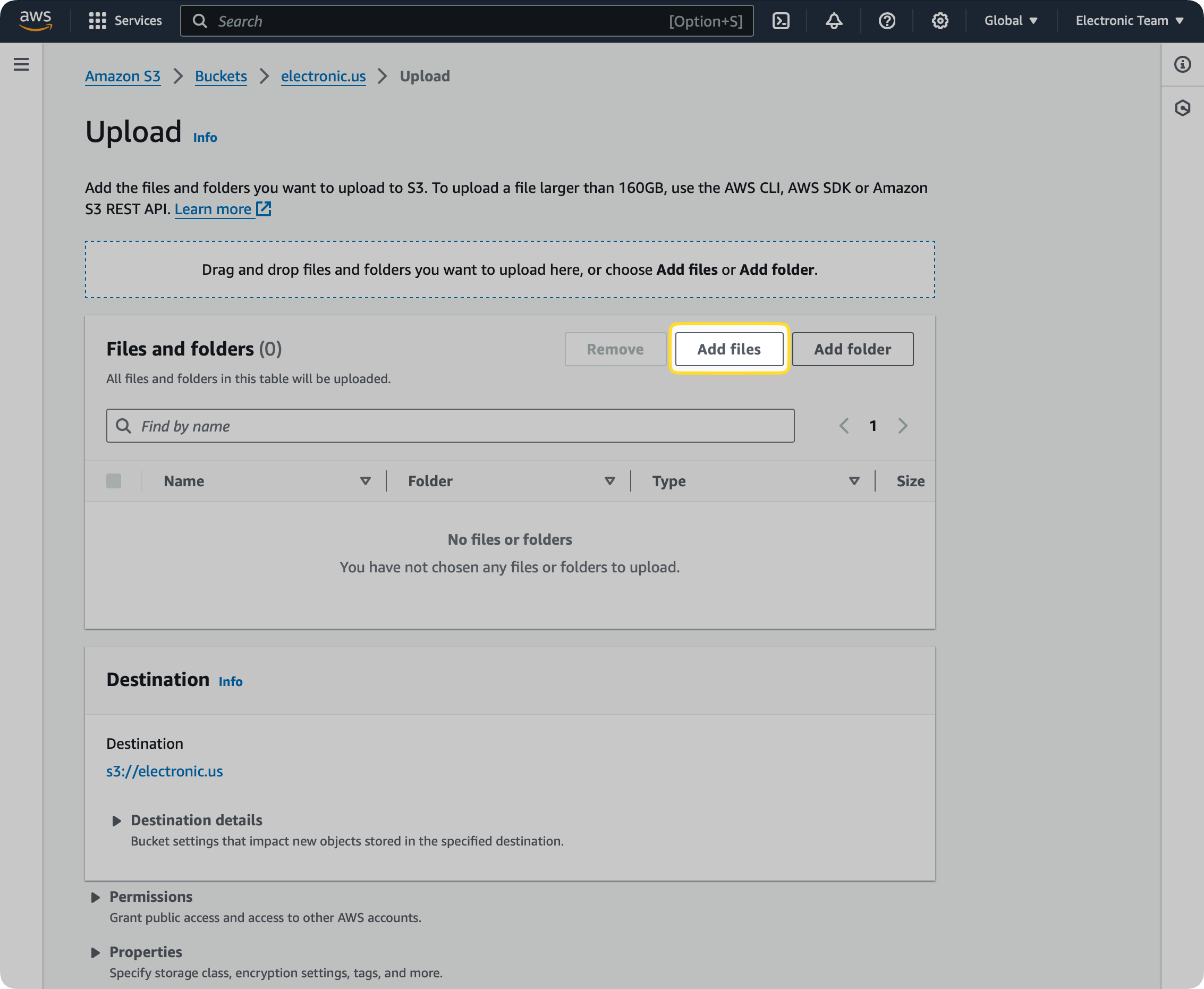 S3 Bucket's Upload Step in the S3 console is demonstrated and the Add files button is highlighted.