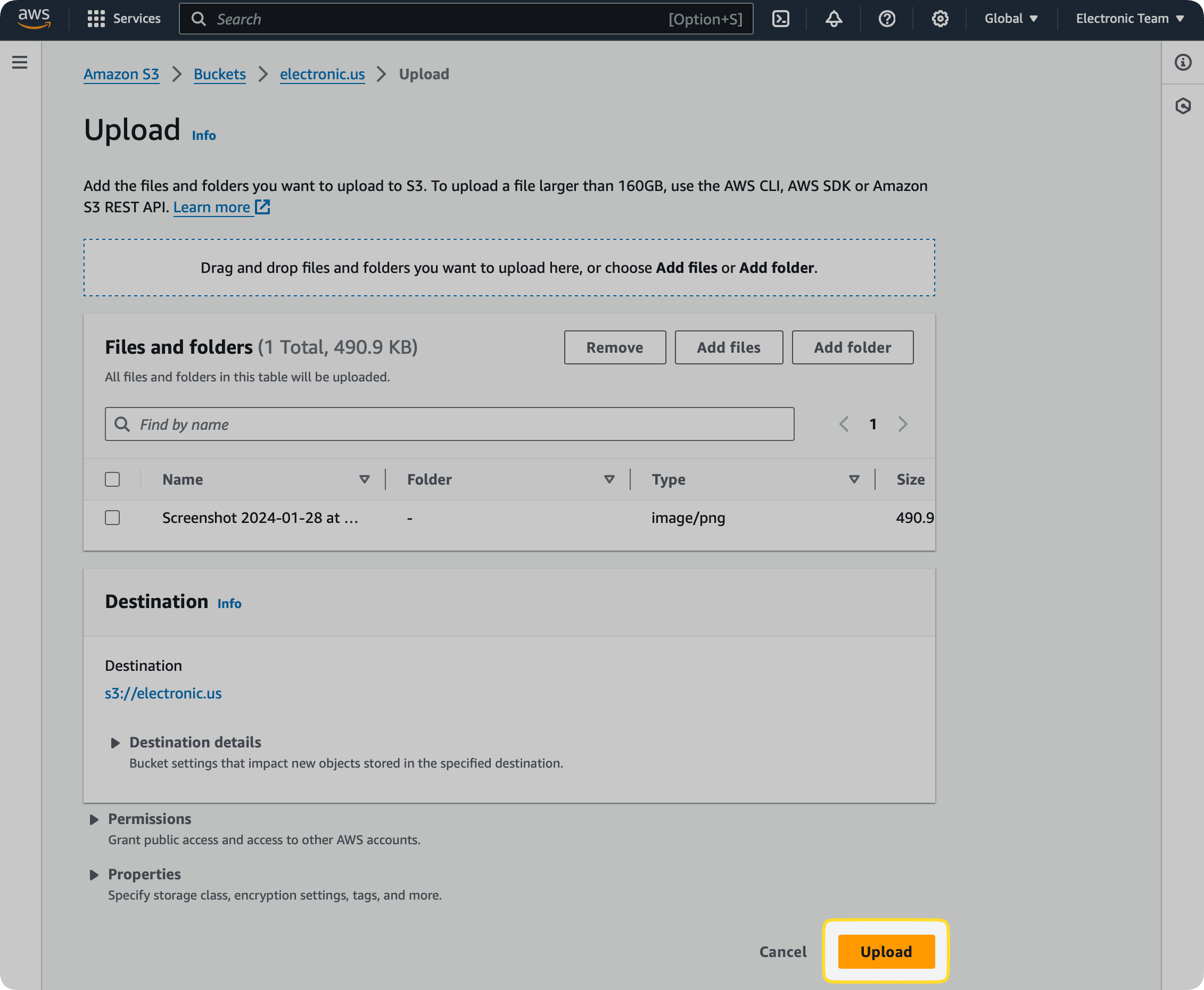 S3 Bucket's Upload Step after adding files in the S3 console is demonstrated and the Upload button is highlighted.