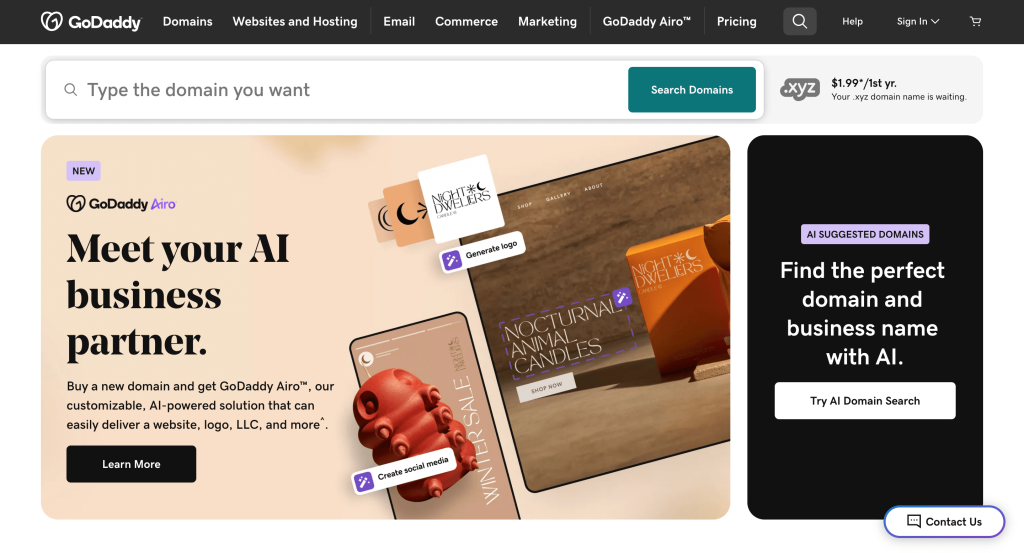 The main page of the GoDaddy's website - screenshot