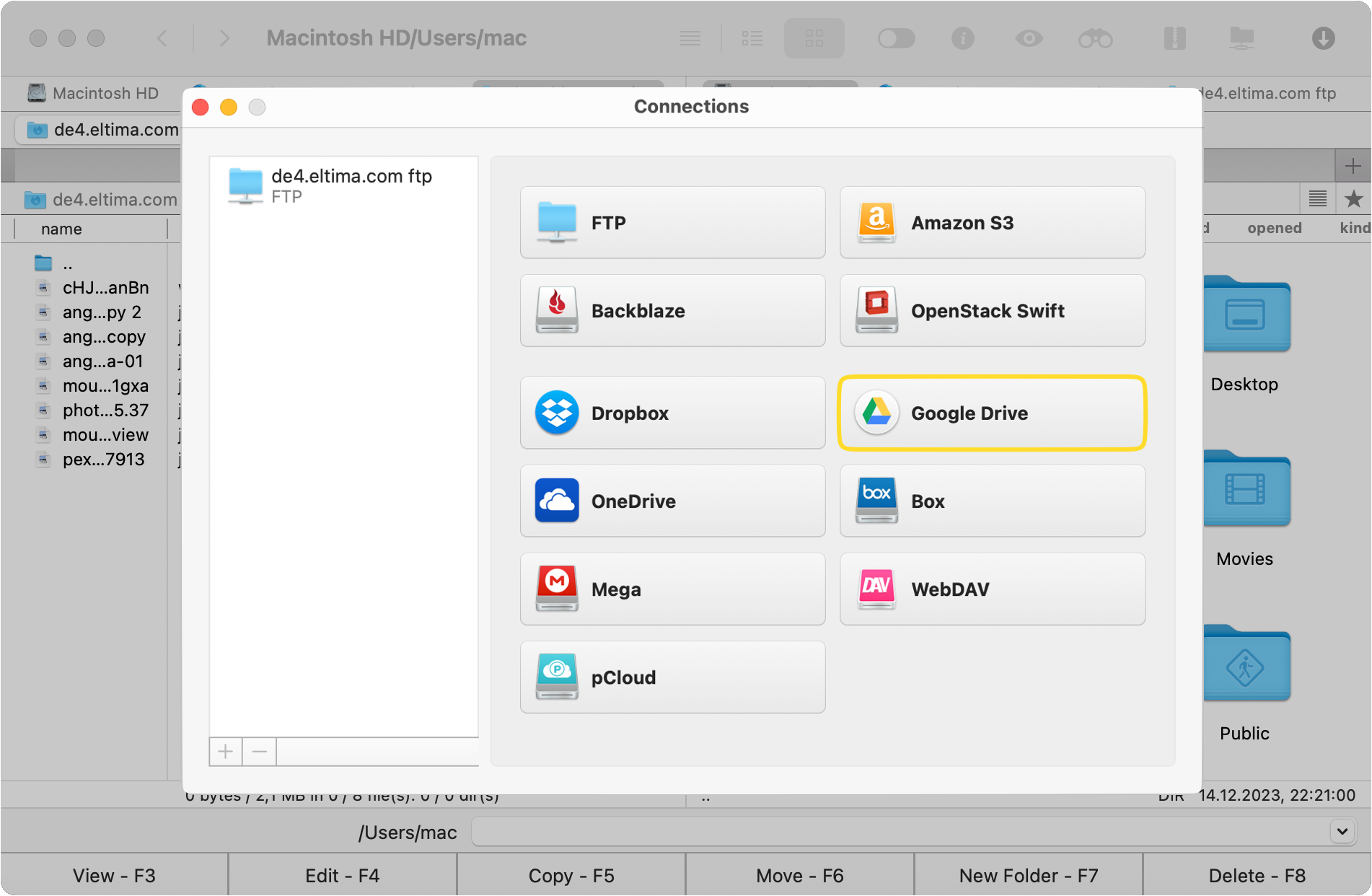 The Connections window of the Commander One app
